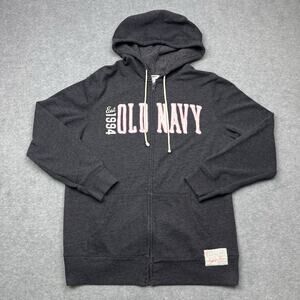 Old Navy Womens Fleece Hoodie Medium Full Zip Sweatshirt Gray Spell Out Y2k